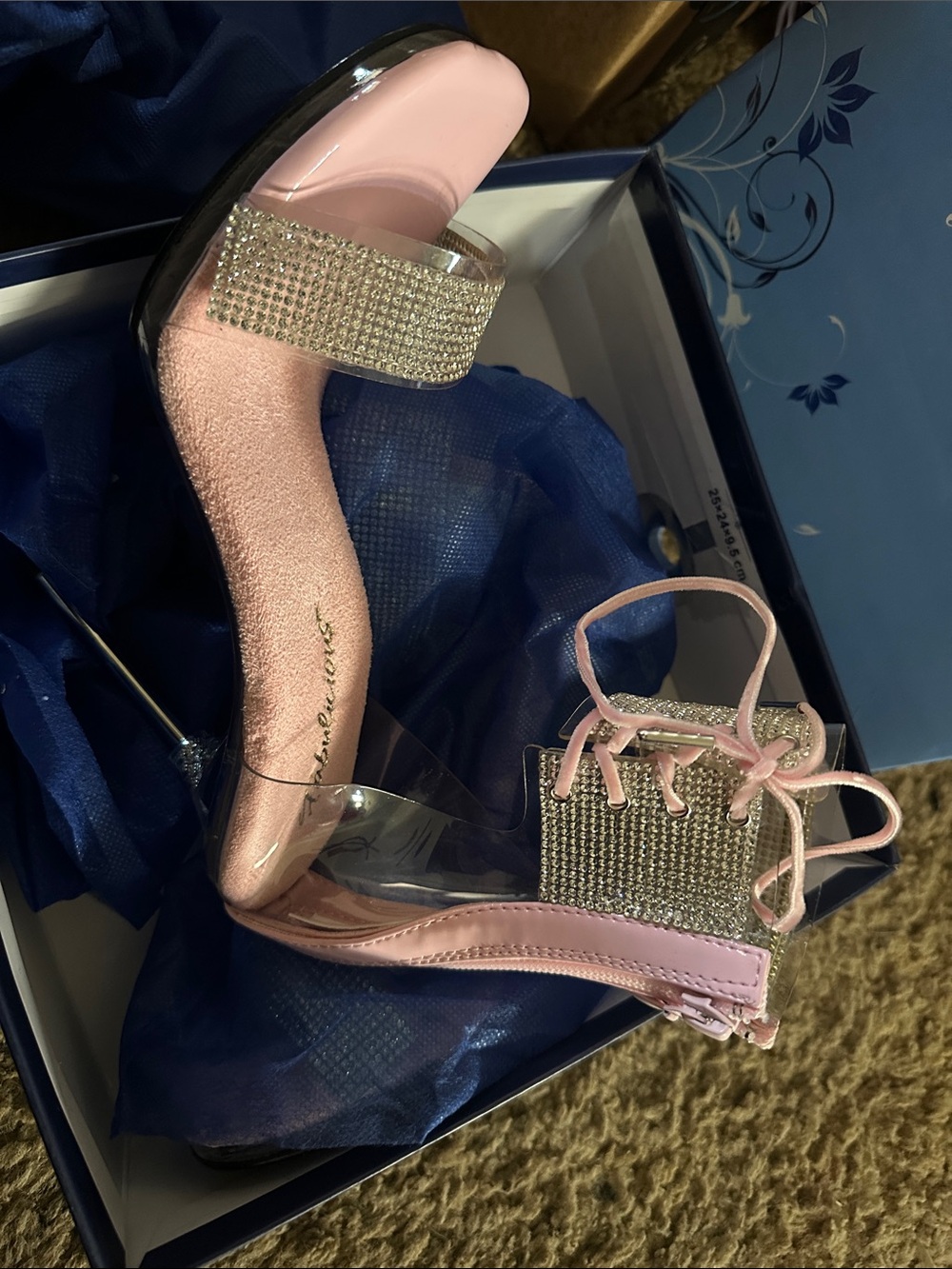 Crystal-Strap Pink Heeled Sandals with Ankle Tie brand new